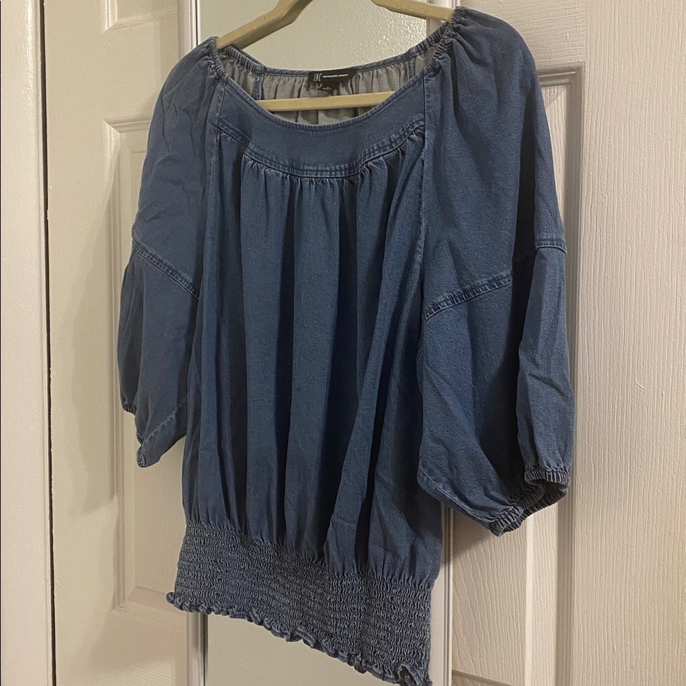 INC International Concepts Blue Denim Peasant Blouse